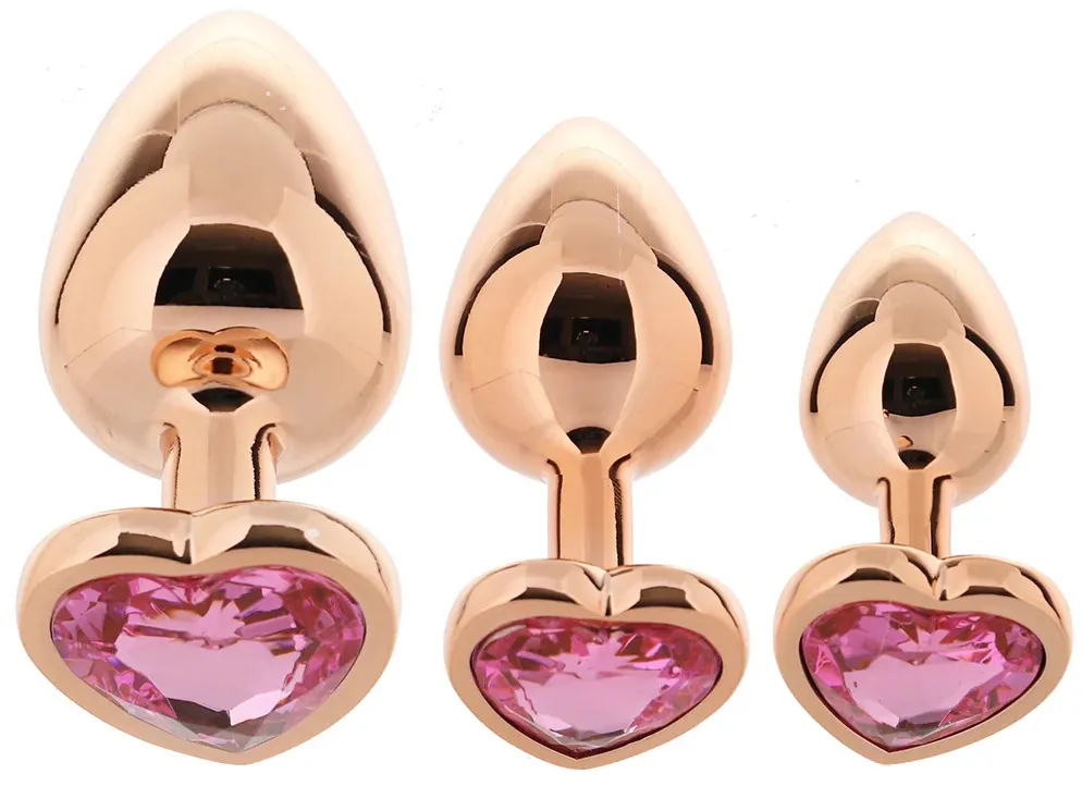алюминиевая анальная пробка "розовое золото" с розовым кристаллом в форме сердца (размер s) в Краснодаре
