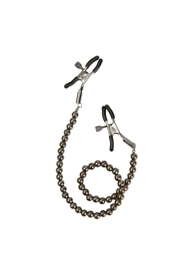 Черные зажимы на соски с цепочкой из бусин