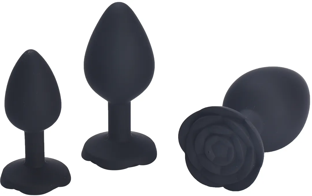 чёрная силиконовая анальная пробка с ограничителем в форме розочки (размер s) в Краснодаре