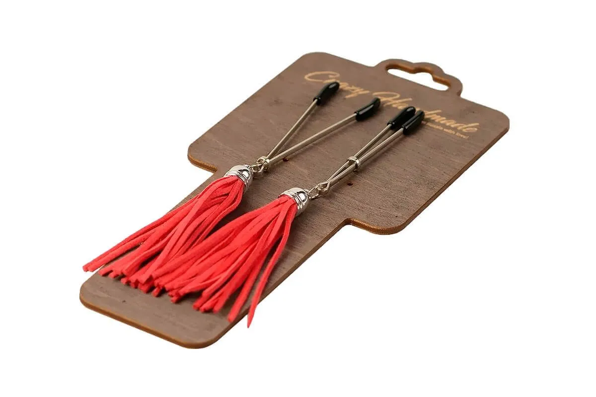 Зажимы-вилки на соски PinkRabbit с кисточками из замши, красные