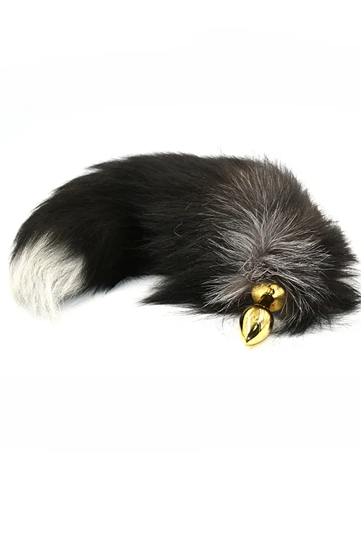 Золотистая анальная пробка с хвостом из натурального меха (Small)