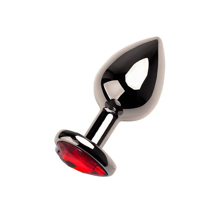 Анальная пробка PinkRabbit Shade металлическая с красным кристаллом-сердцем, размер S, темн серебро