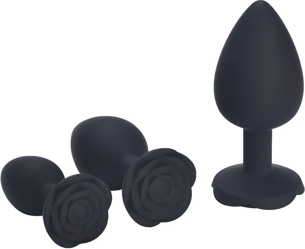 чёрная силиконовая анальная пробка с ограничителем в форме розочки (размер m) в Краснодаре