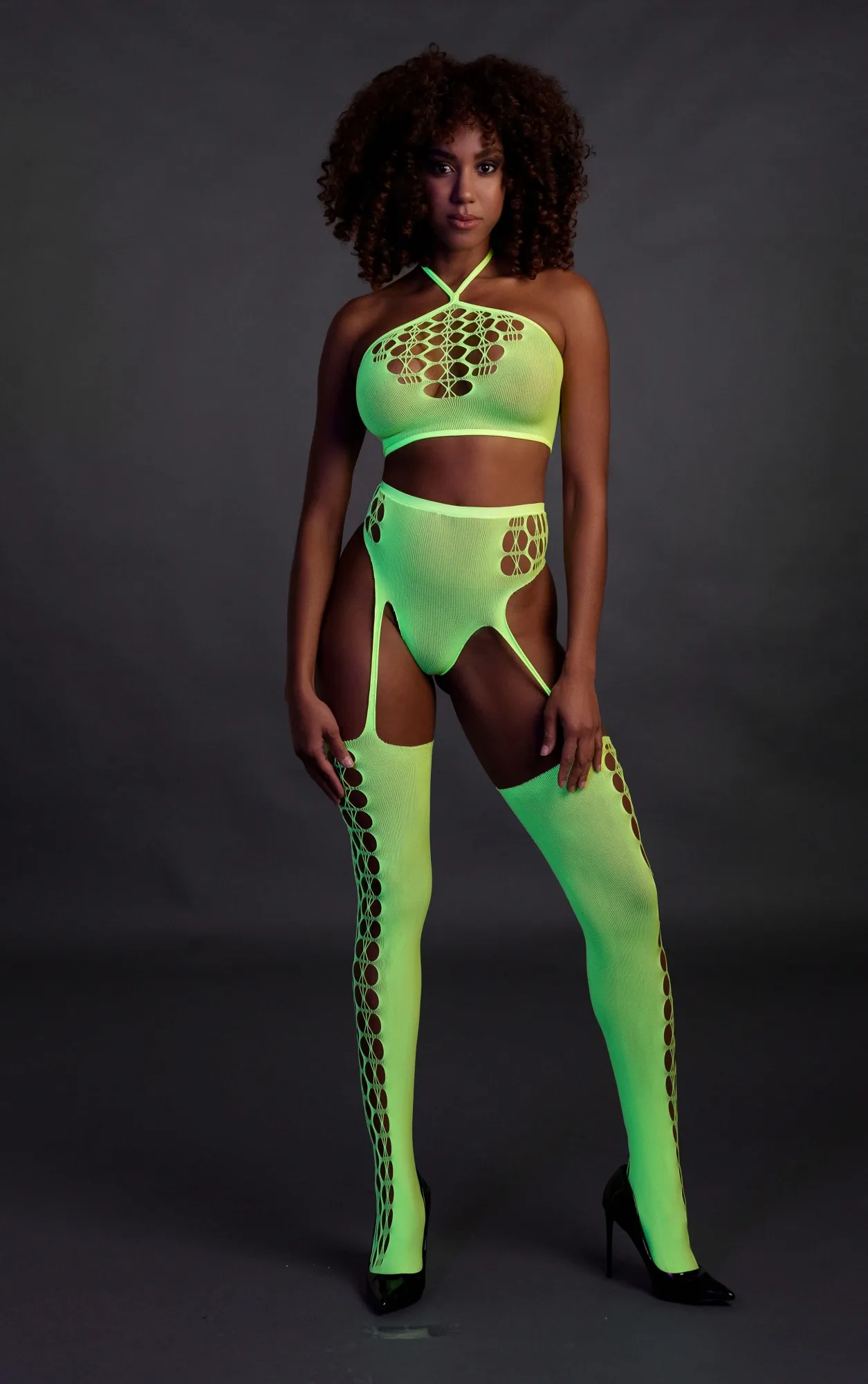 Эротическое топ в комплекте с чулками и трусиками two piece with crop top and stockings - green - xs/xl в Краснодаре