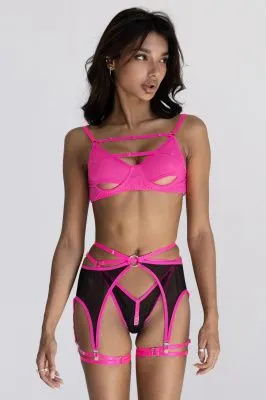 Комплект PinkRabbit из бюстгалтера, трусиков и пояса с кольцом, черный/фуксия