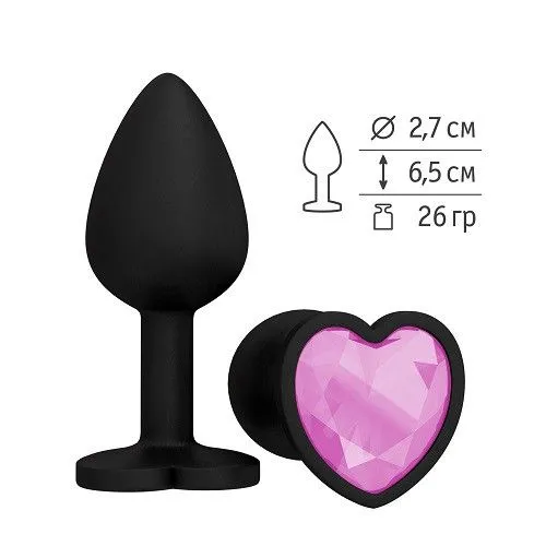 Пробка силиконовая черная с розовым кристаллом сердце