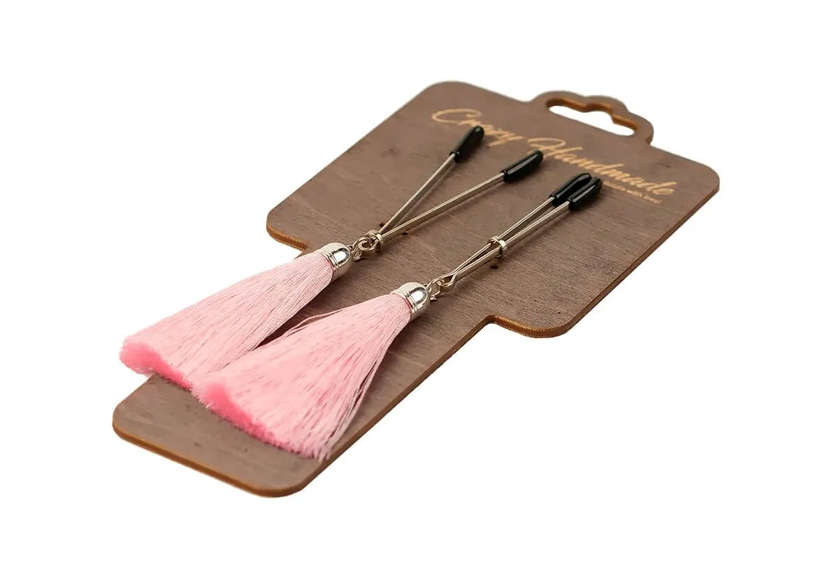 Зажимы-вилки на соски PinkRabbit с кисточками из шелка, розовые