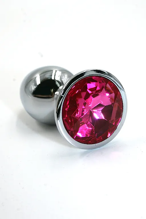 серебристая анальная пробка с ярко-розовым кристаллом (small) в Краснодаре