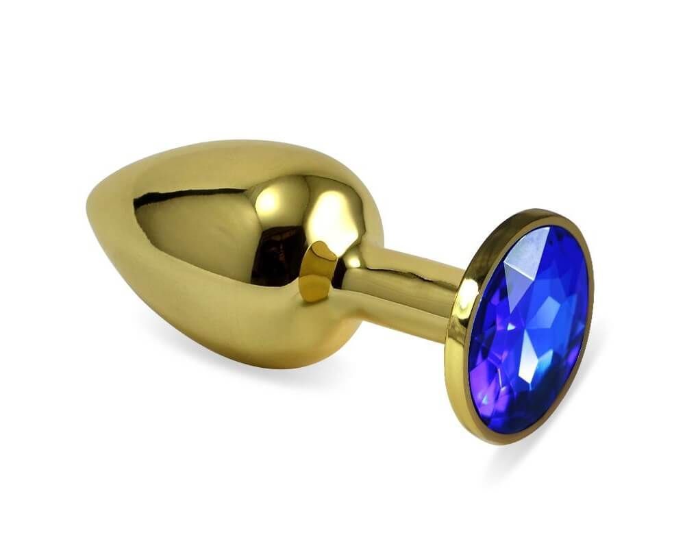 Анальная пробка Lovetoy золотистая, с синим камнем