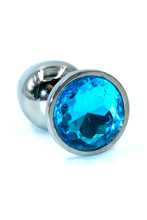 серебряная анальная пробка из хромированной стали с ярко-синим кристаллом (medium) в Краснодаре