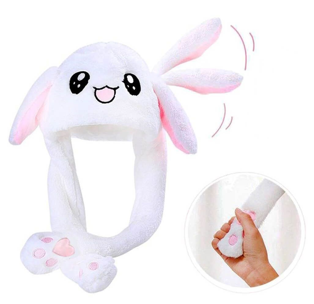 шапка-зайка с двигающимися ушами, белая в Краснодаре