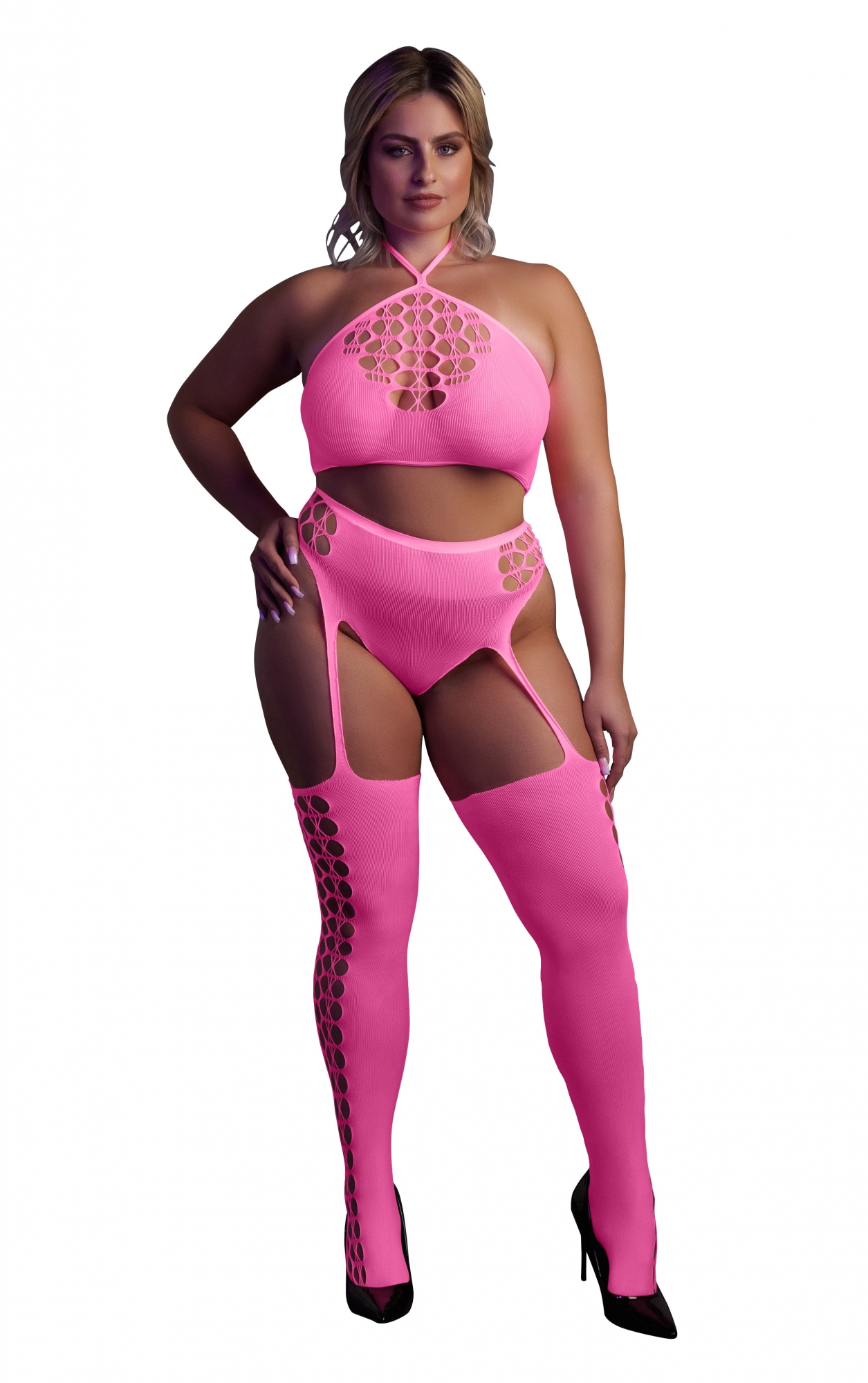 Эротическое неон комплект из топа с трусиками и чулками - xl/4xl в Краснодаре