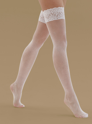 Чулки белые в мелкую сетку с белым кружевом и силиконом, размер 2/3
