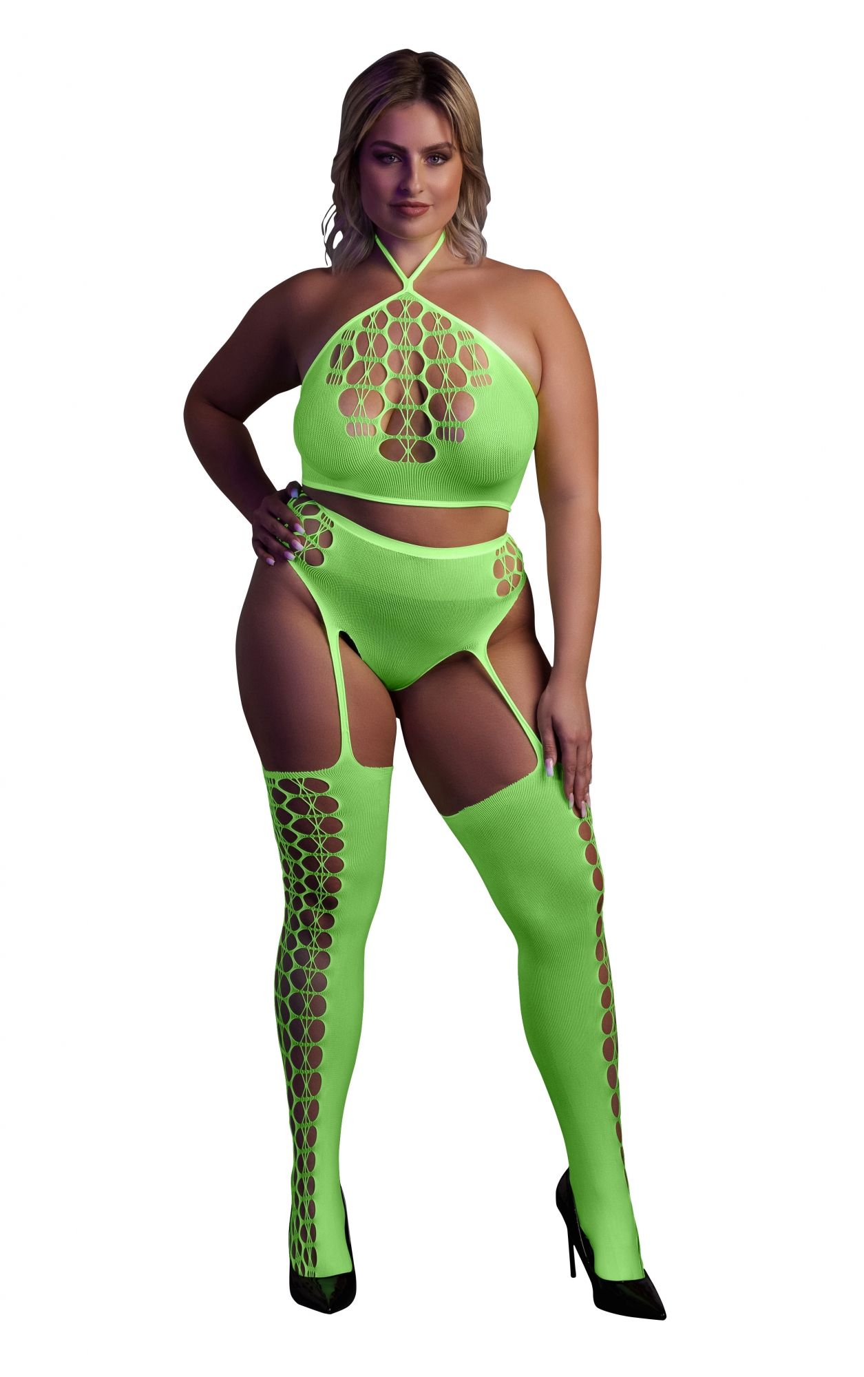 Эротическое топ в комплекте с чулками и трусами two piece with crop top and stockings - green - xl/xxxxl в Краснодаре