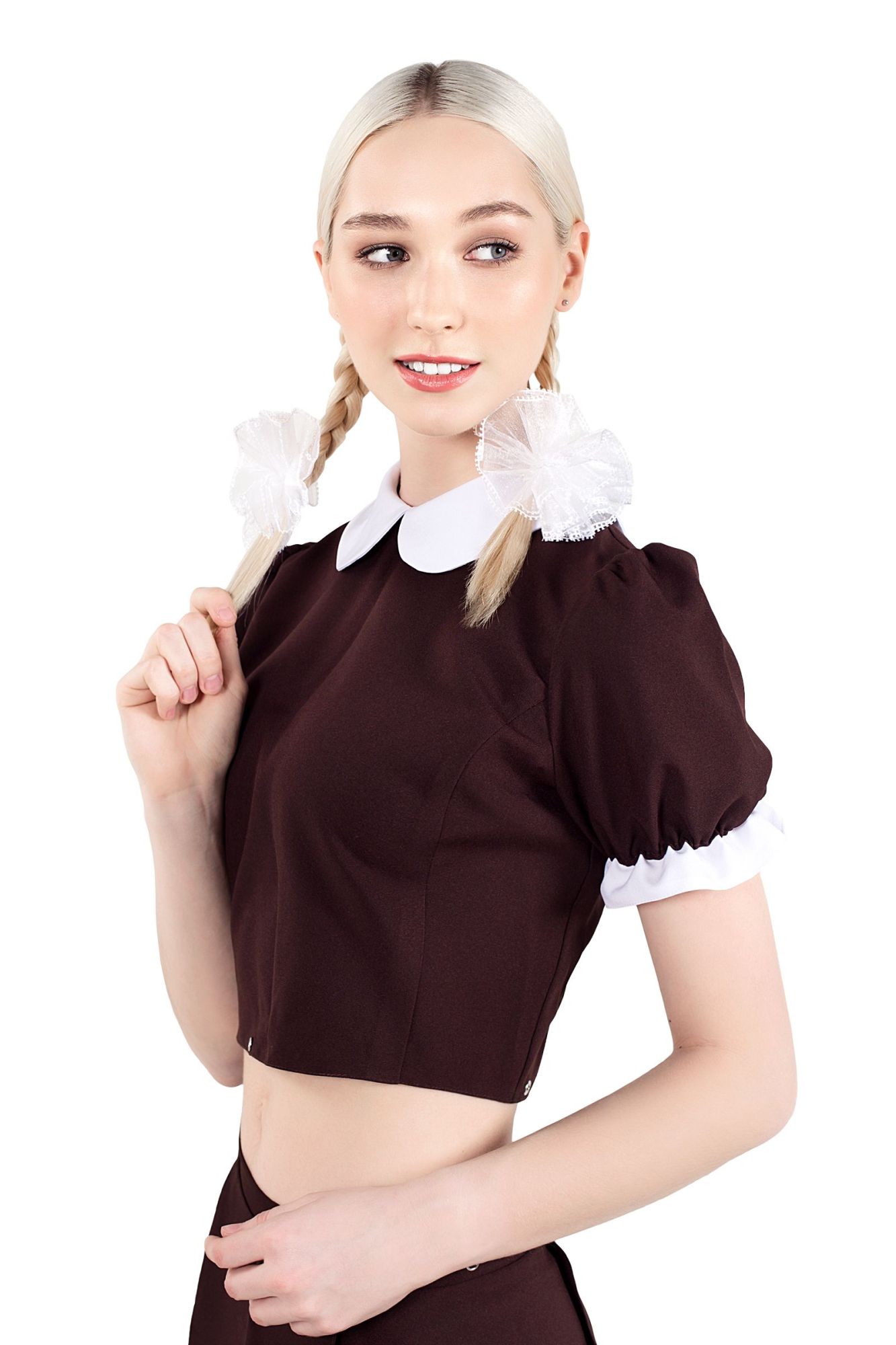 Эротическое верхняя часть костюма «русская школьница», pecado bdsm, топ, банты, коричнево-белый, 42 в Краснодаре