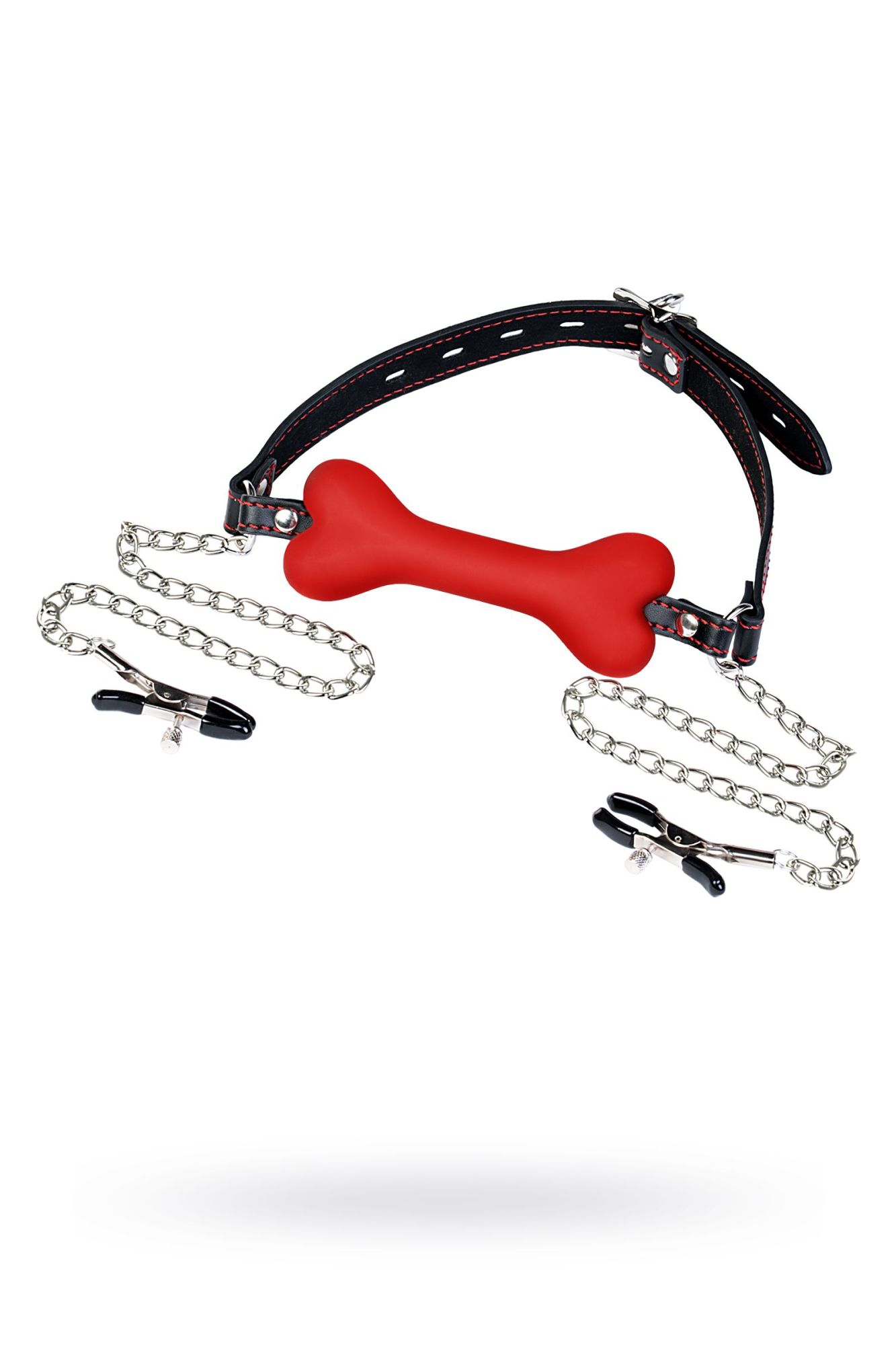 кляп-трензель toyfa theatre, в виде косточки с зажимами для сосков, красный в Краснодаре