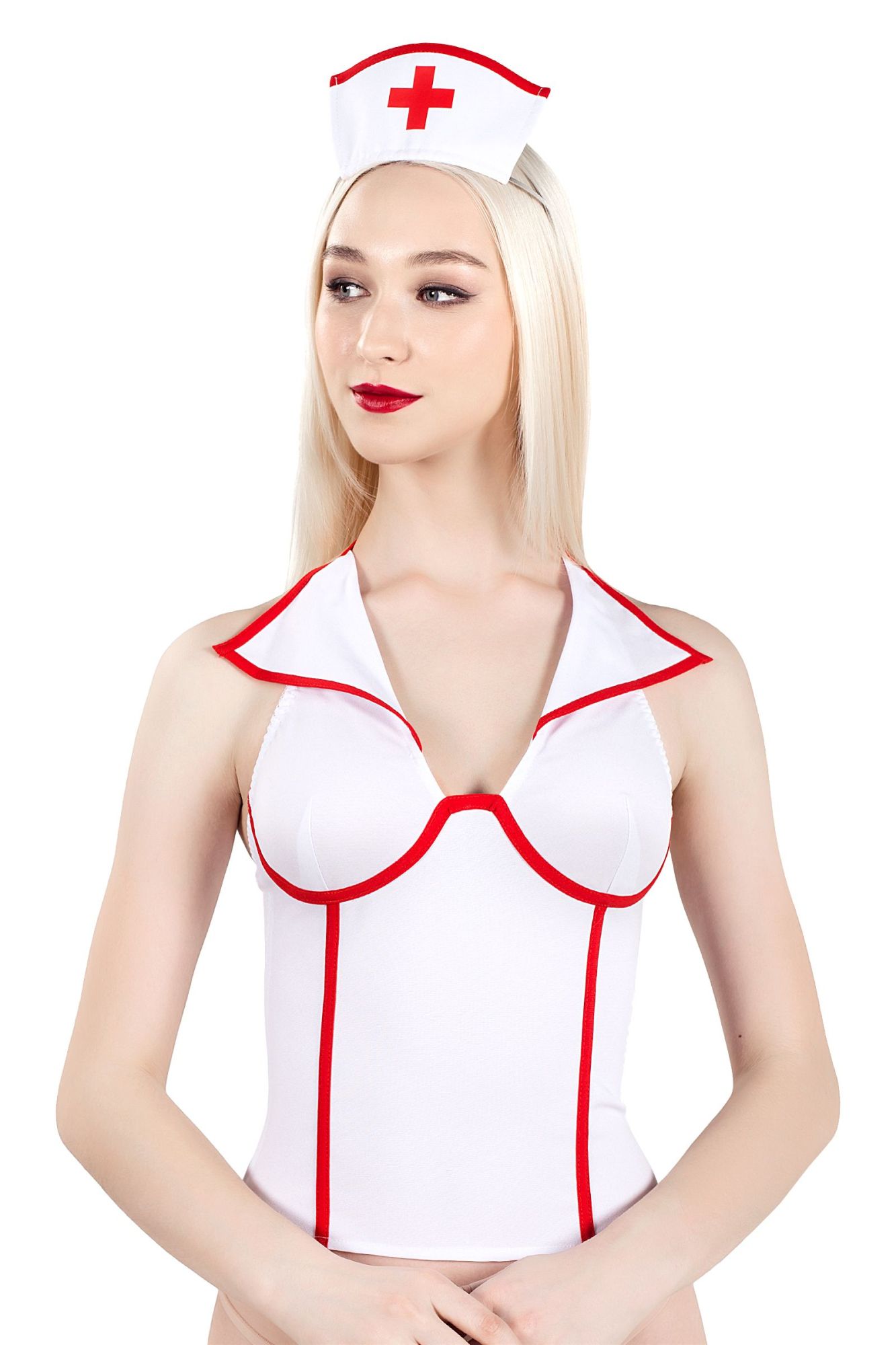 Эротическое верхняя часть костюма «медсестра», pecado bdsm, корсет, головной убор, бело-красный, 42 в Краснодаре