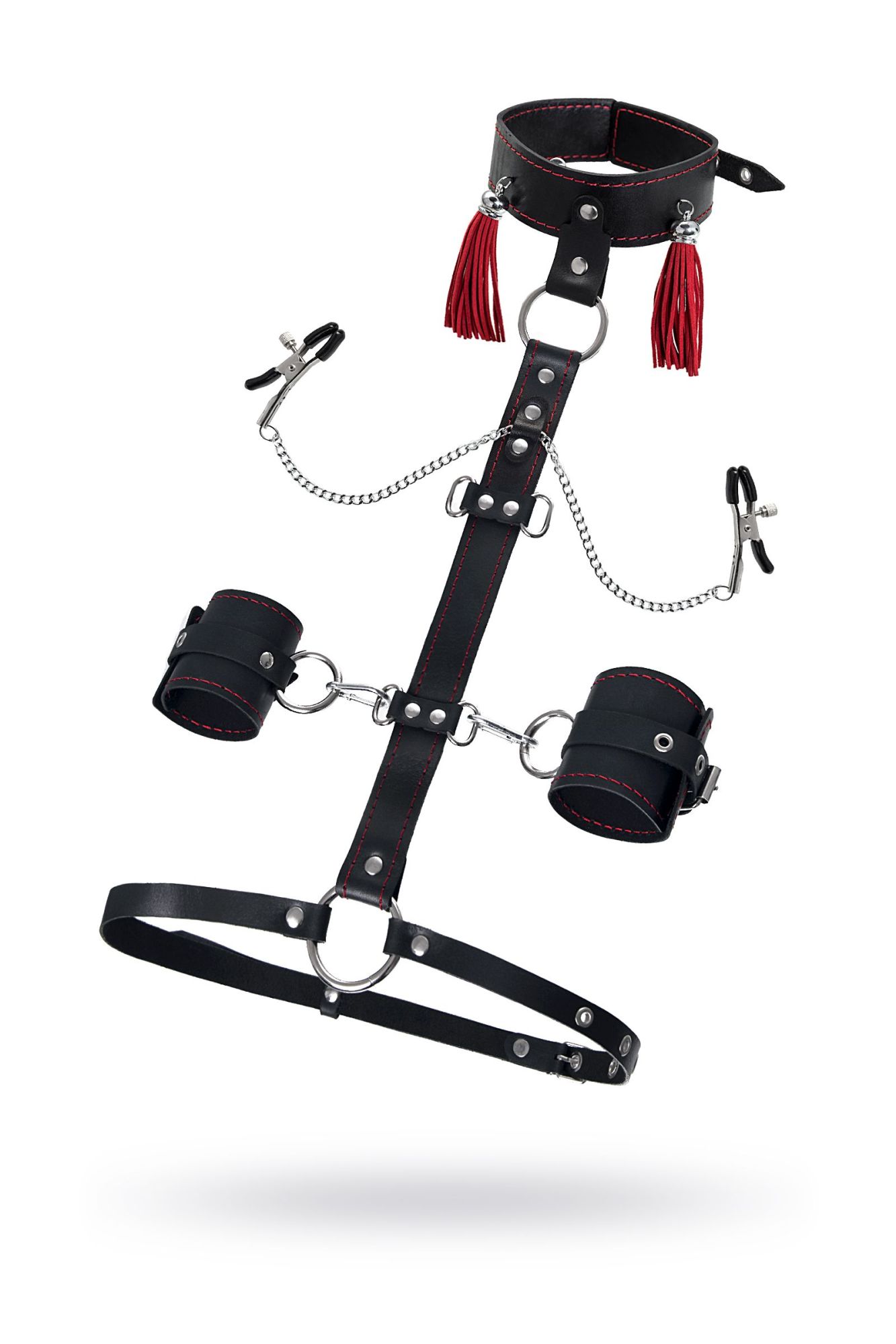 сбруя для фиксации шеи и рук pecado bdsm, с зажимами для сосков, натуральная кожа, черная в Краснодаре