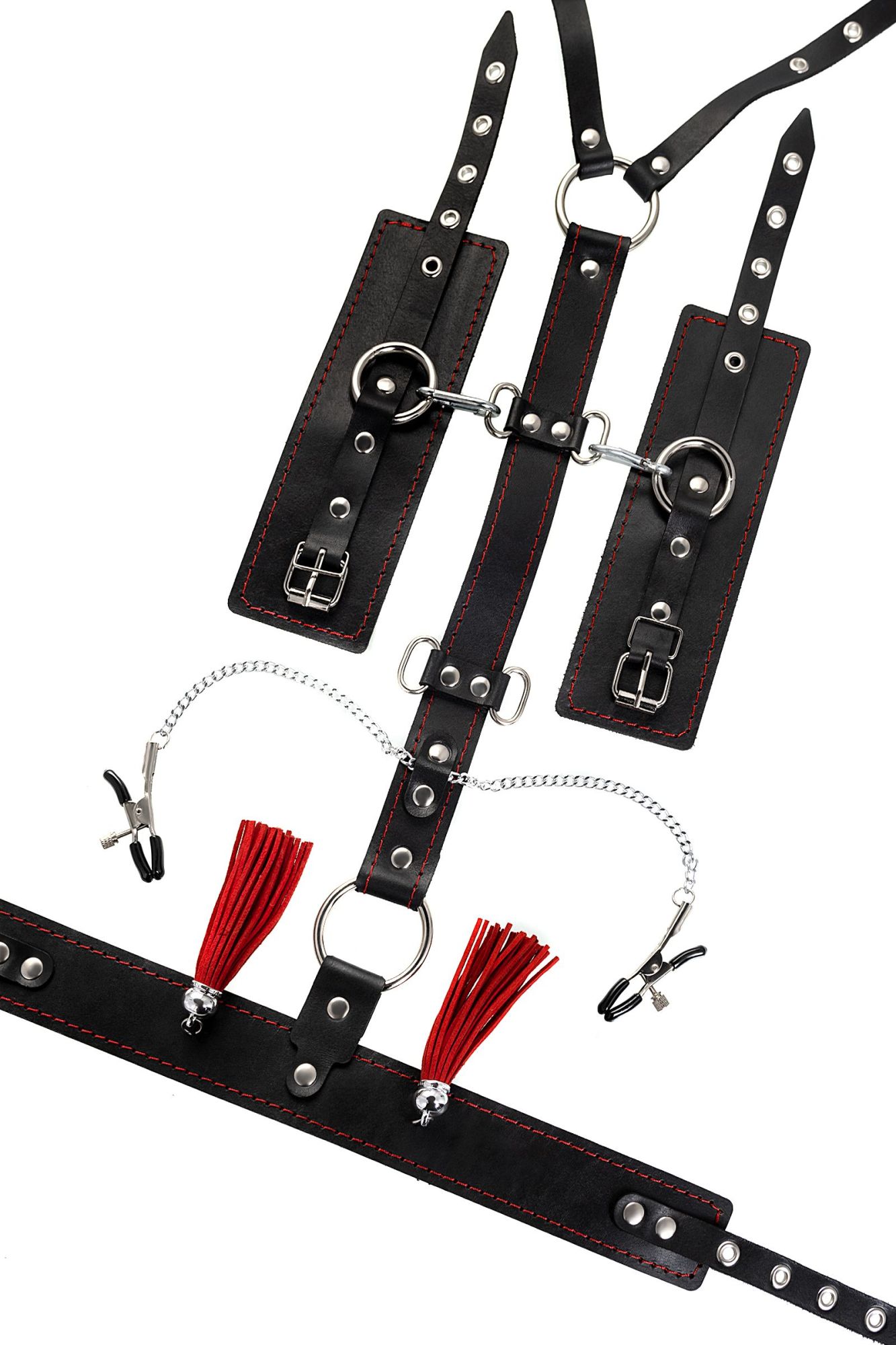 сбруя для фиксации шеи и рук pecado bdsm, с зажимами для сосков, натуральная кожа, черная в Краснодаре